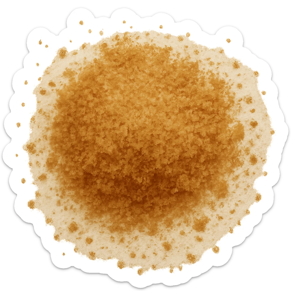 Refine the golden-brown sugar scatter to show fine, small grains with a warm amber color, matte and lightly clumped, natural molasses look, no spoon, bowl, or packaging, soft lighting, subtle shadows, transparent background, emoji scale. sticker