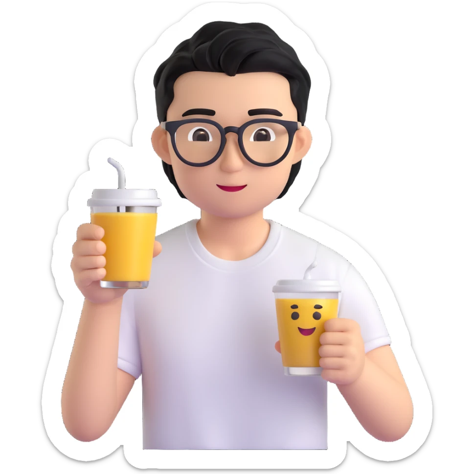 young handsome Asian man with black coffee colored hair, wearing white T-shirt, black framed glasses, holding glasses, very smart, 3D emoji style sticker