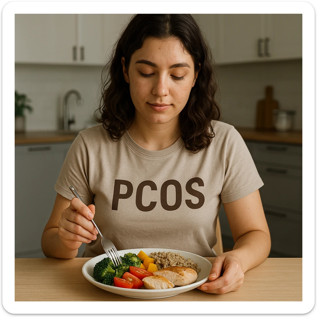 young woman with PCOS sitting at a table, eating a colorful plate of vegetables, whole grains, and lean proteins, serene atmosphere, realistic details, modern kitchen background sticker