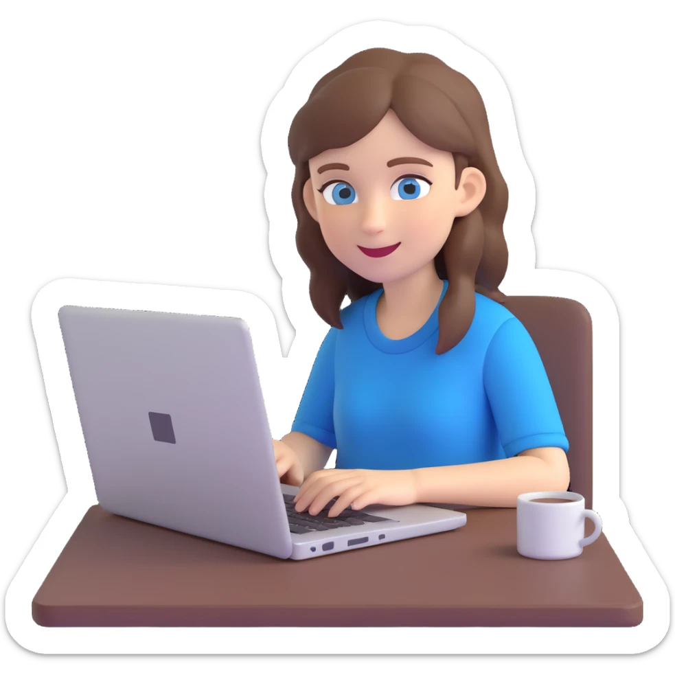 white girl, brown hair, blue eyes, typing on a laptop, relaxed and happy sticker