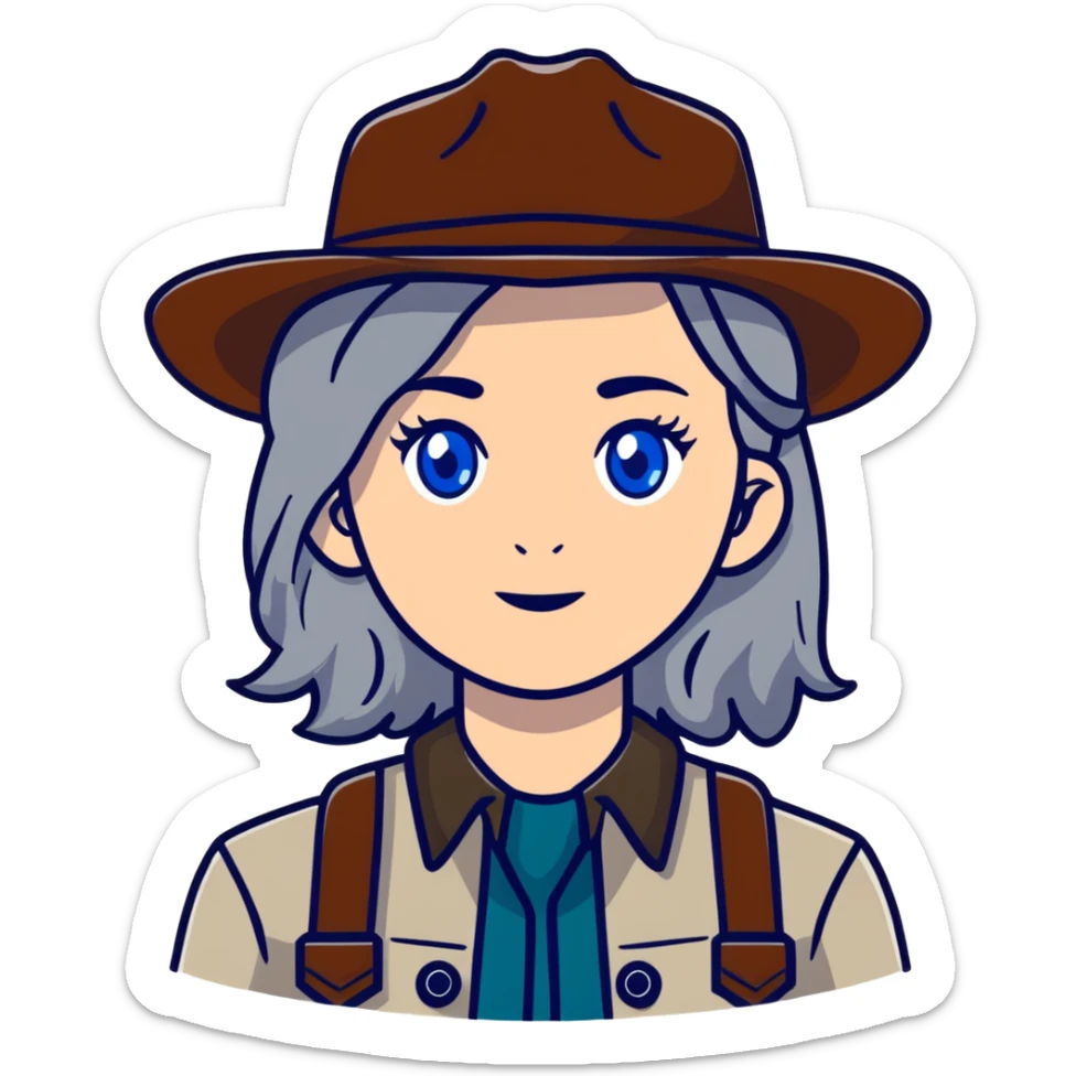 white woman park ranger with blue eyes and brown and gray hair sticker