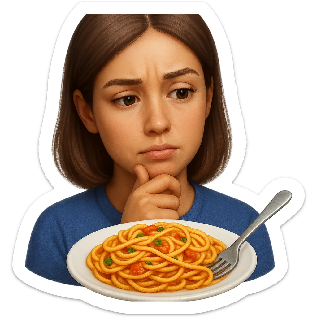 donna che guarda pensierosa un piatto di pasta, stile emoji iphone, iperrealistico 4k sticker
