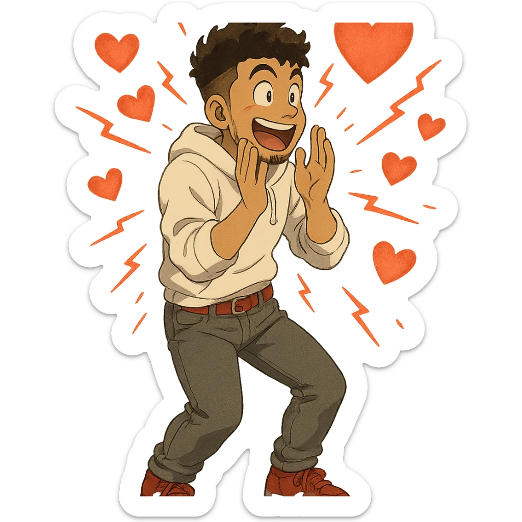a burst of heart shapes that fits the theme: 1 male, mid fade haircut dark chestnut brown curly hair, toasted lightskin, white hoodie sleeves up, gray fashion jeans, red fashion-sneakers shoes, red belt, short trimmed beard and goatee,  style of deku from "my hero academia",  doing a "i adore that!" exclaimation pose with red electricity, sticker