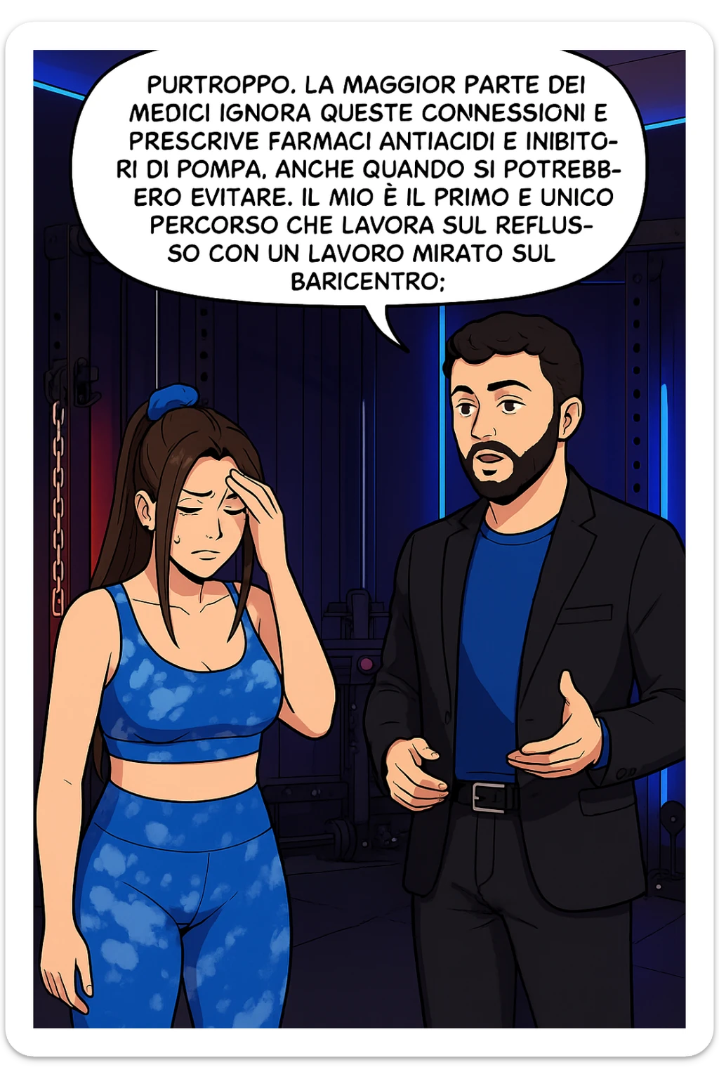 TRASFORMA QUESTO CAROSELLO IN UN FUMETTO STILE WEBTOON/MANGA A COLORI CON QUESTE DUE PERSONE IDENTICHE CHE INTERLOQUISCONO TRA LORO, L'uomo sta spiegando alla donna questo concetto MENTRE LA DONNA SI TIENE la mano sulla fronte sconcertata:

LUI (UOMO): Purtroppo, la maggior parte dei medici ignora queste connessioni e prescrive farmaci antiacidi e inibitori di pompa, anche quando si potrebbero evitare.
Il mio è il primo e unico percorso che lavora sul reflusso con un lavoro mirato sul baricentro; sticker