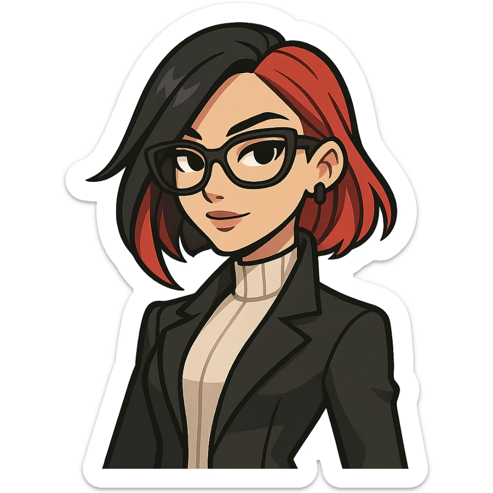 stylish girl with black and red hair, wearing glasses, reminiscent of Fortnite's Undercover Kor, in Jiiby-Style sticker