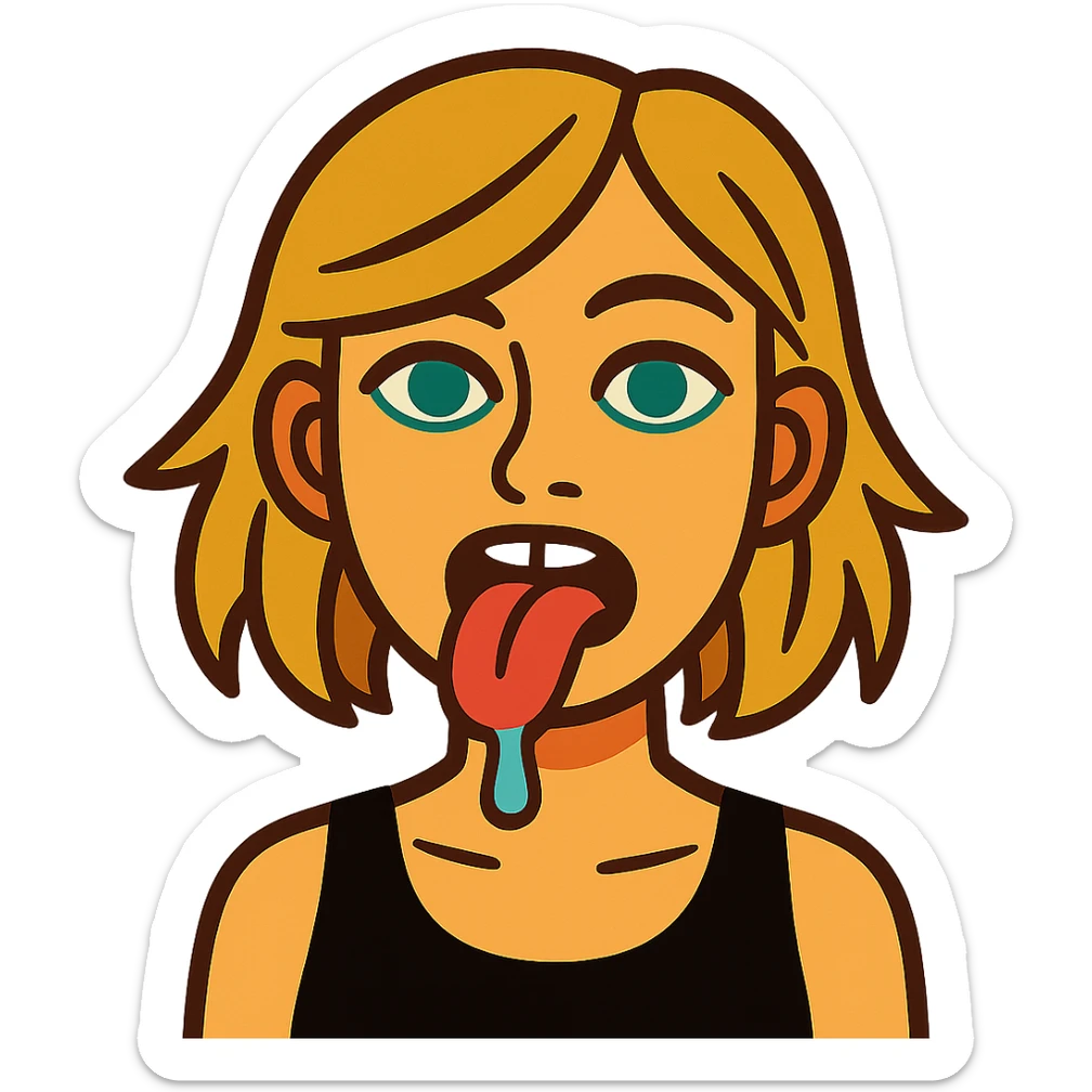 dirty blonde girl with blueish green eyes, black tank top, sticking tongue out and drooling sticker