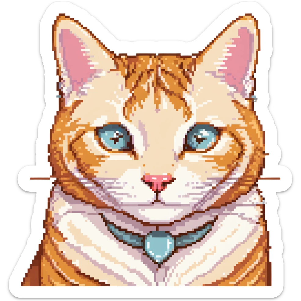 pixel art of a smiling orange tabby cat face, cream accents, big round eyes, pink nose, retro 8-bit style, front view sticker