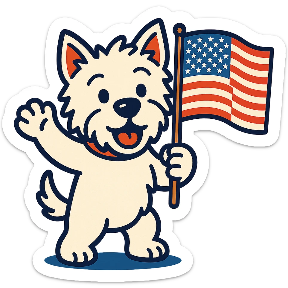 Westie dog waving a US flag, vibrant cartoon style, not photorealistic sticker