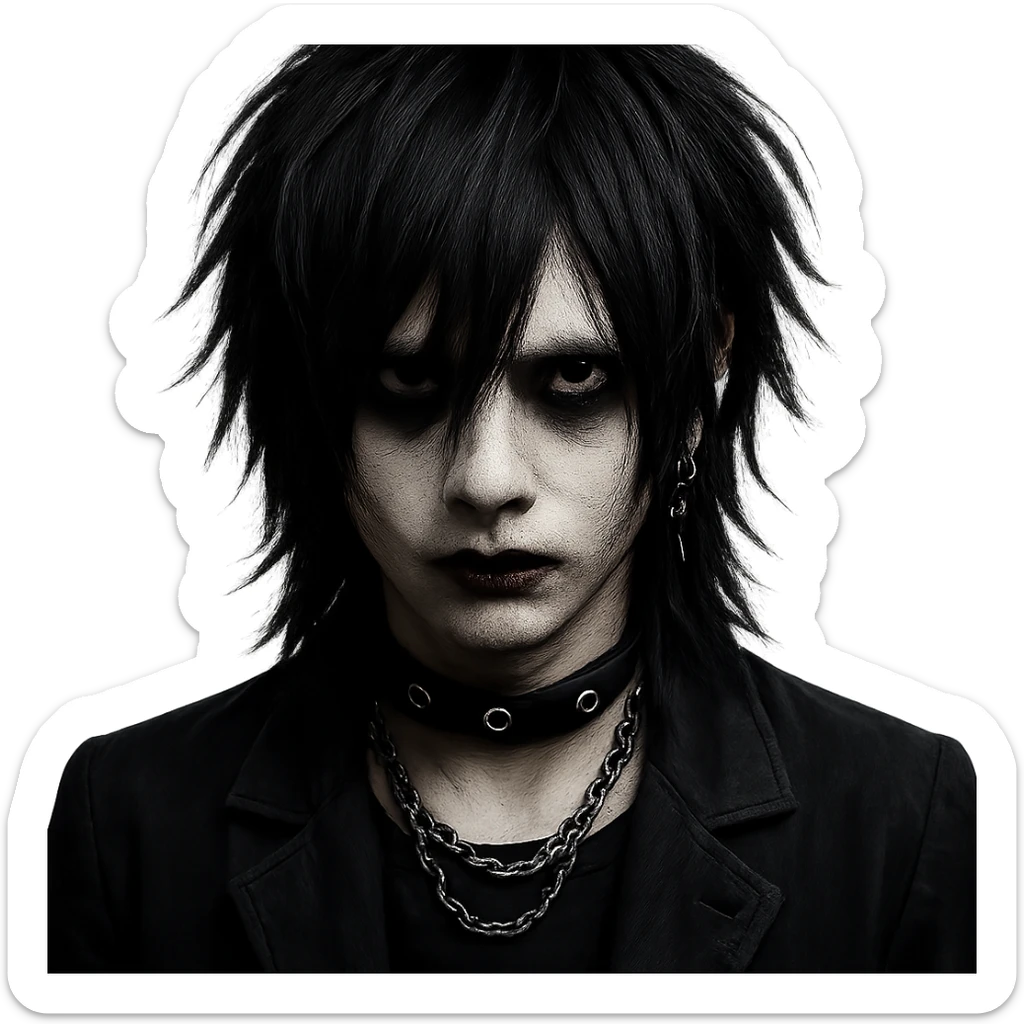 Vkei style boy with medium long black hair, emo, shaggy hairstyle, dark, creepy expression sticker
