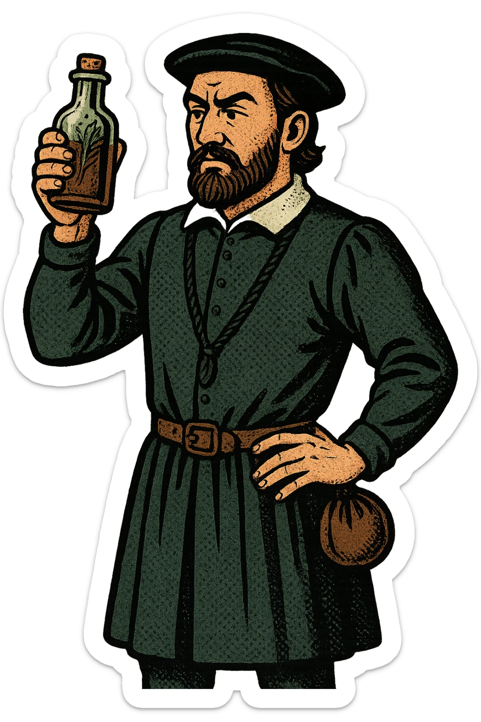 the full body of A male doctor from tudor england with his herbal medicine bottle sticker