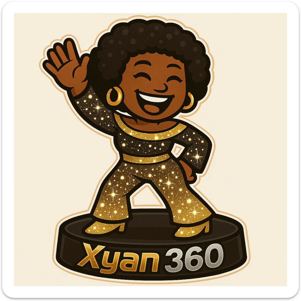 Place a sparkling 1970s disco female African American emoji on a 360 photo booth platform. Add the text 'Xyan 360' on the side of the booth in bold gold, silver, black, and white colors, matching the retro stickers style of the emoji. sticker