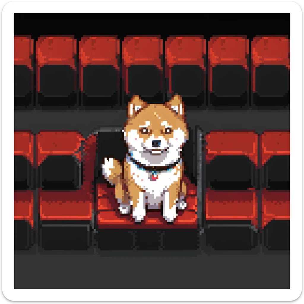 Shiba Inu sitting in a movie theater with red seats in the background sticker