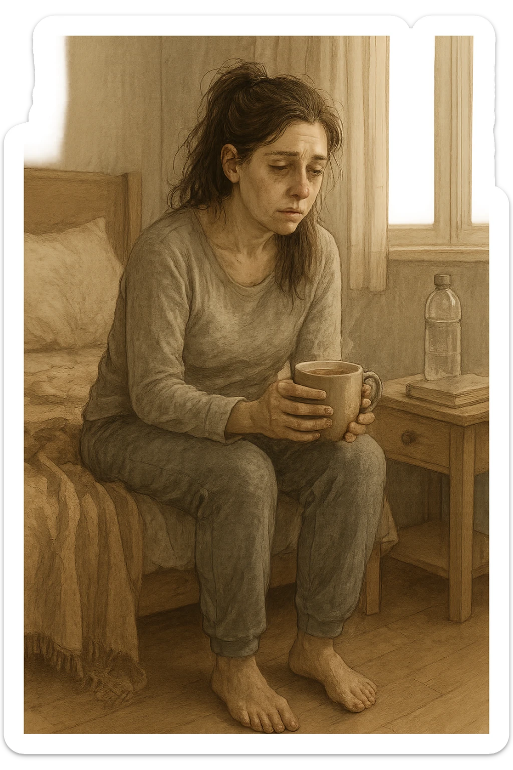 A realistic, cinematic illustration of a woman in her early 30s with a tired, pale appearance, sitting on the edge of her bed in a softly lit bedroom during the morning, looking exhausted and drained. Her posture is slightly slouched, and dark circles are visible under her eyes. She wears comfortable loungewear, holding a warm cup of herbal tea in her hands, seeking comfort. The scene includes a cozy yet slightly messy room with a blanket, a water bottle, and a book on the nightstand, emphasizing chronic fatigue. Soft natural light comes through the window, highlighting her expression of persistent tiredness despite rest, capturing the invisible struggle of chronic fatigue syndrome while maintaining dignity and a gentle aesthetic. sticker
