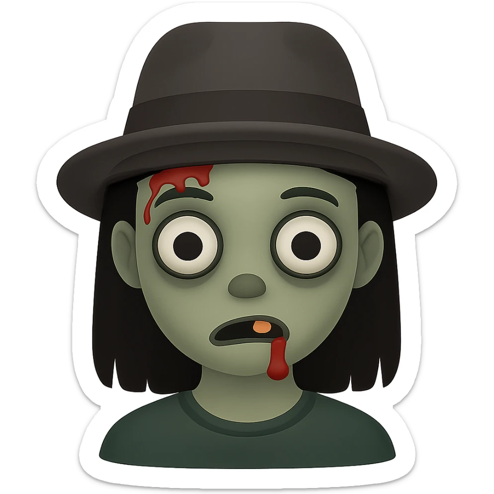 zombie girl with black hair, emoji style, with a hat sticker