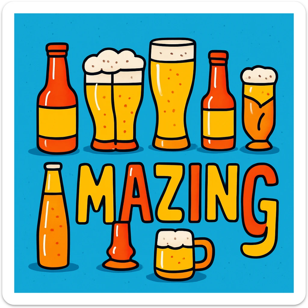 the word 'amazing' spelled out using pints and bottles of beer, vibrant toon style sticker