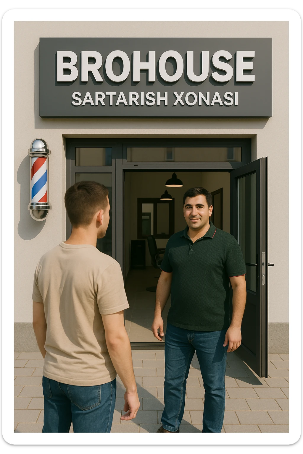 eni shu rasimga manashu odamga uxhshasin sartaosh eshik oldida tursin va tashqarida esa mijoz sticker