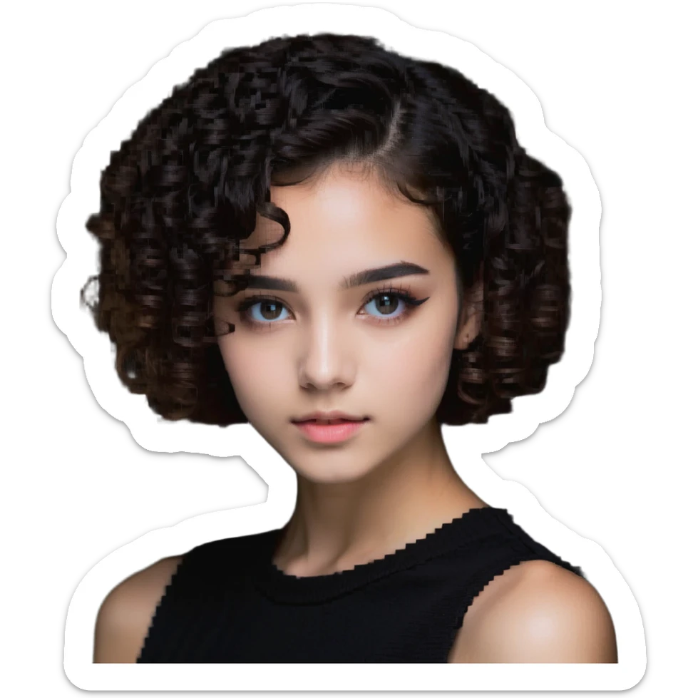 girl with short curly hair parted on the side, dark eyes and light makeup sticker