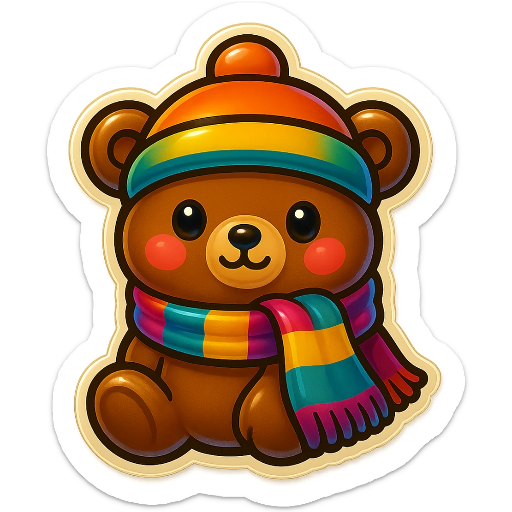 Add a colorful scarf to the cute cartoon bear with a hat, keep the fun and friendly retro stickers style, no background. sticker