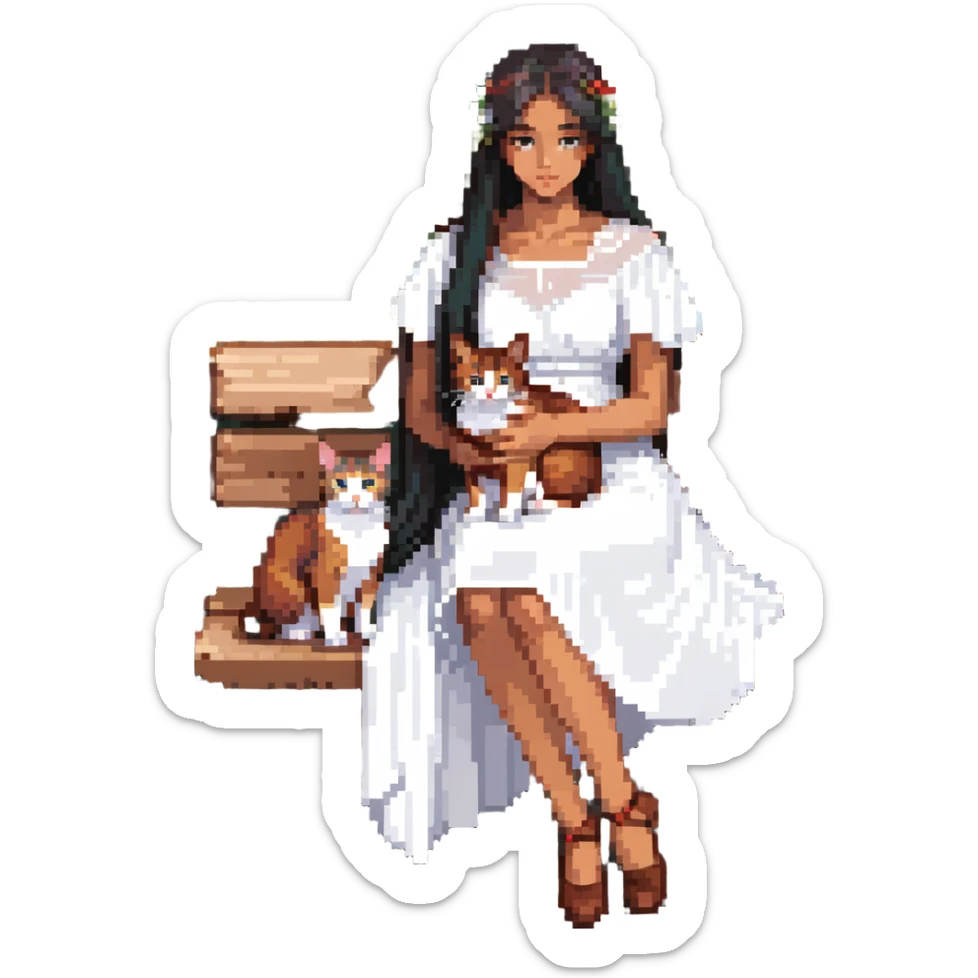beautiful girl with long black hair in a white dress holding an Abyssinian cat with reddish-brown fur, sitting on a bench sticker