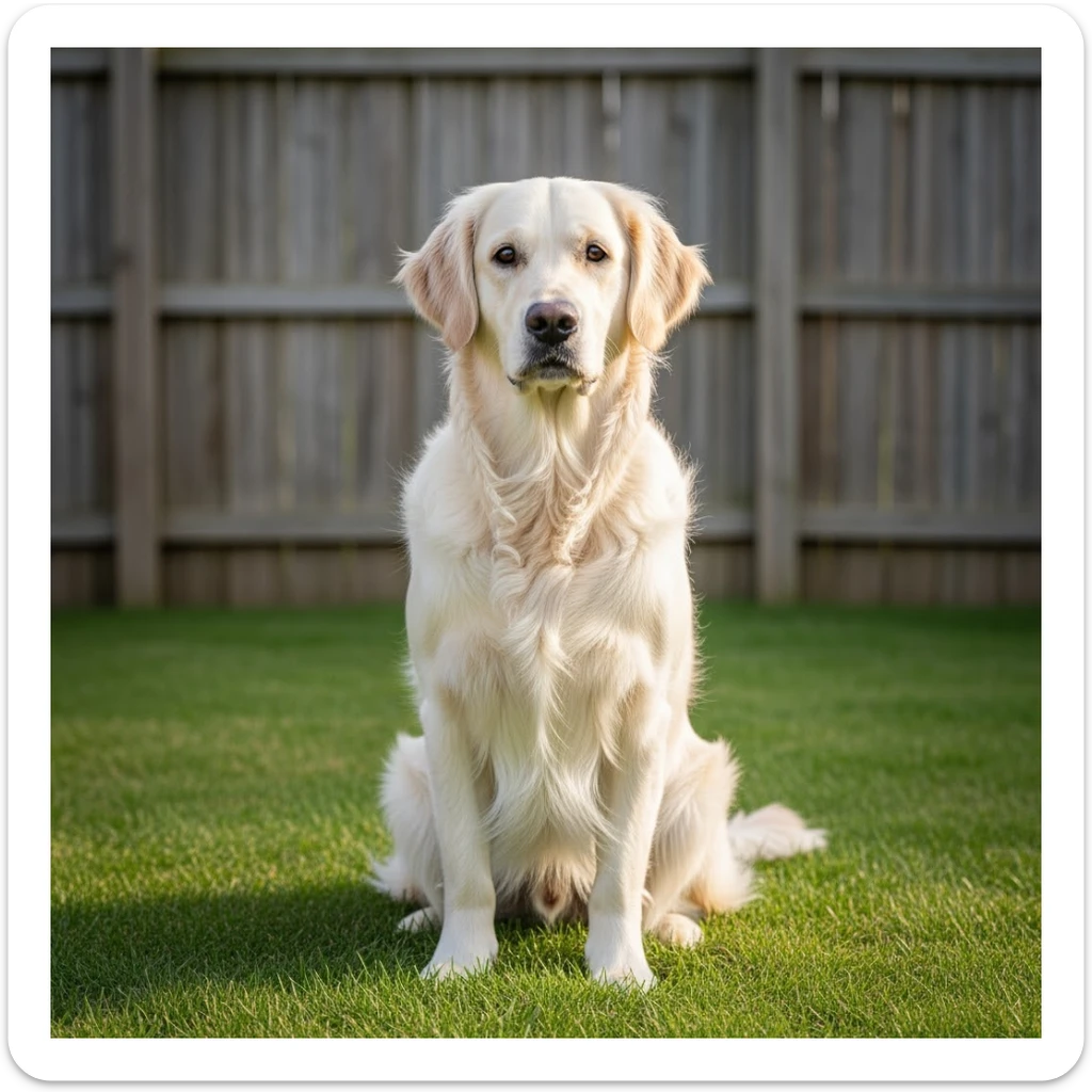 adult english cream golden retriever sitting on grass, facing camera, fence in the background sticker