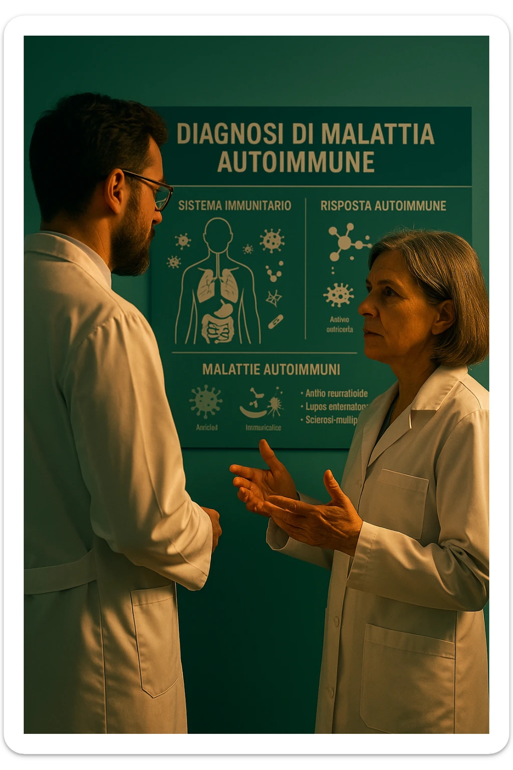 Realistic, detailed photo taken from behind of one doctor e un paziente —a bearded man and a middle-aged woman—standing and facing each other as they discuss an autoimmune disease diagnosis in front of a medical chart that displays information about the immune system and autoimmune conditions. The scene is illuminated by a yellowish, orange, warm light that softly envelops the doctors. The entire room is bathed in a single green-blue color, creating a cohesive and modern atmosphere. Both doctors wear white coats, and their body language suggests a serious, professional conversation about the complexities of autoimmune diseases. Shot with a Canon EOS R5, with high detail and natural depth of field. scritto in italiano sticker