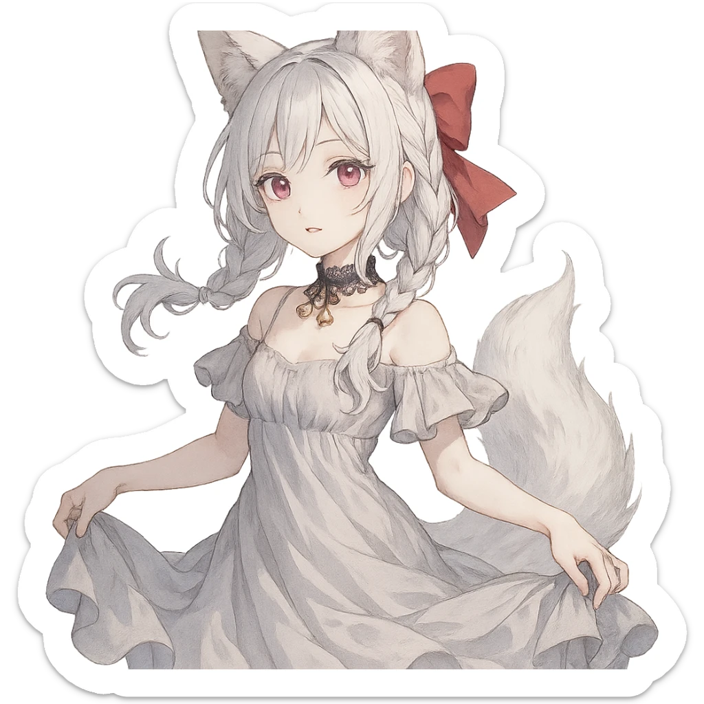A fox spirit girl with pink eyes, pale skin, silver white hair in two braids and loose strands, large red ribbon bow at the back, flowy dress, and lace choker with bells. sticker
