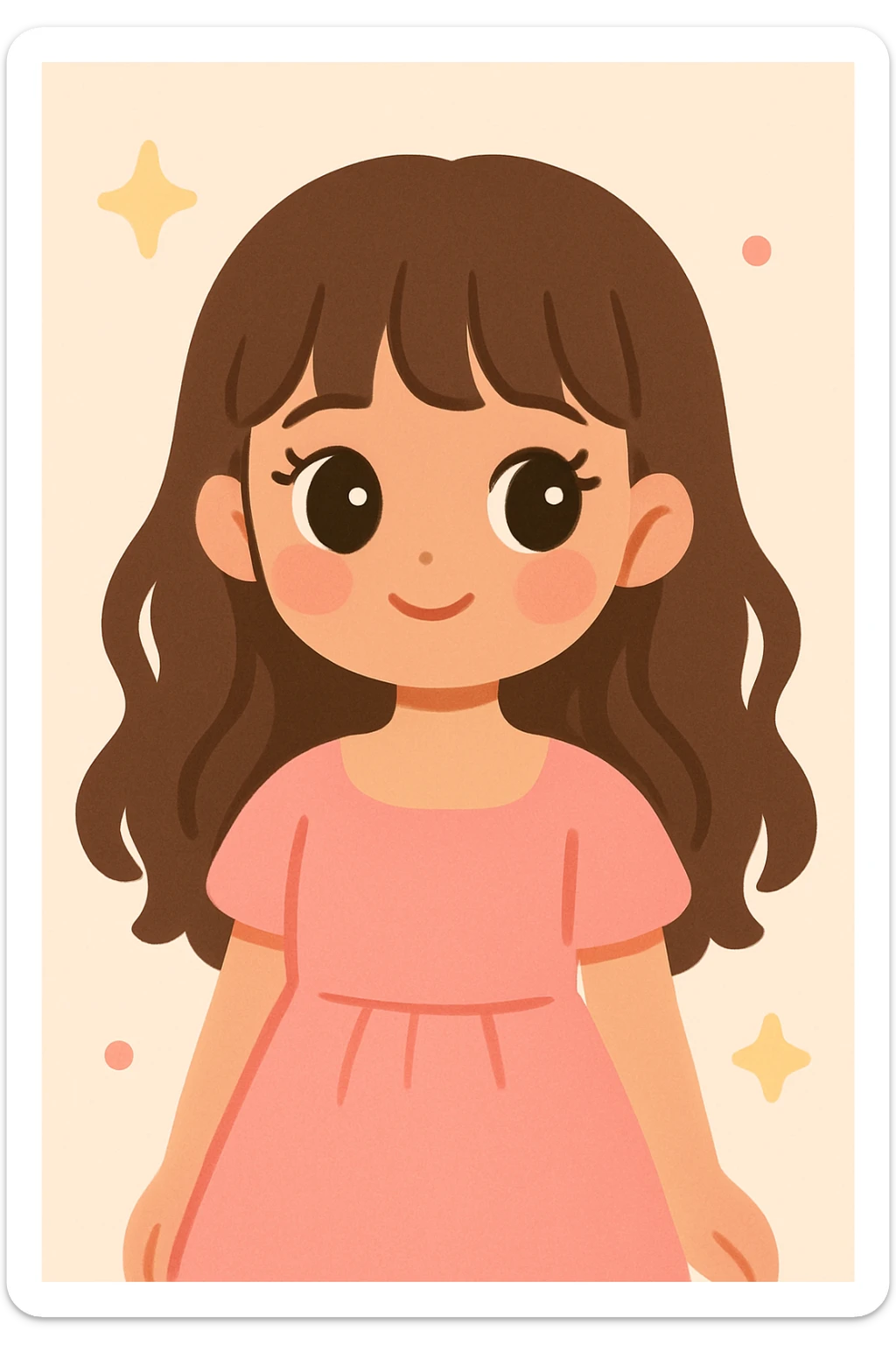 cute girl with medium skin, soft pinkish cheeks, large bambi dark hazel eyes with long eyelashes, long wavy brown hair with bangs, medium straight nose with a soft tip, medium natural red lips, very feminine and pretty features, wearing a beautiful pink dress sticker