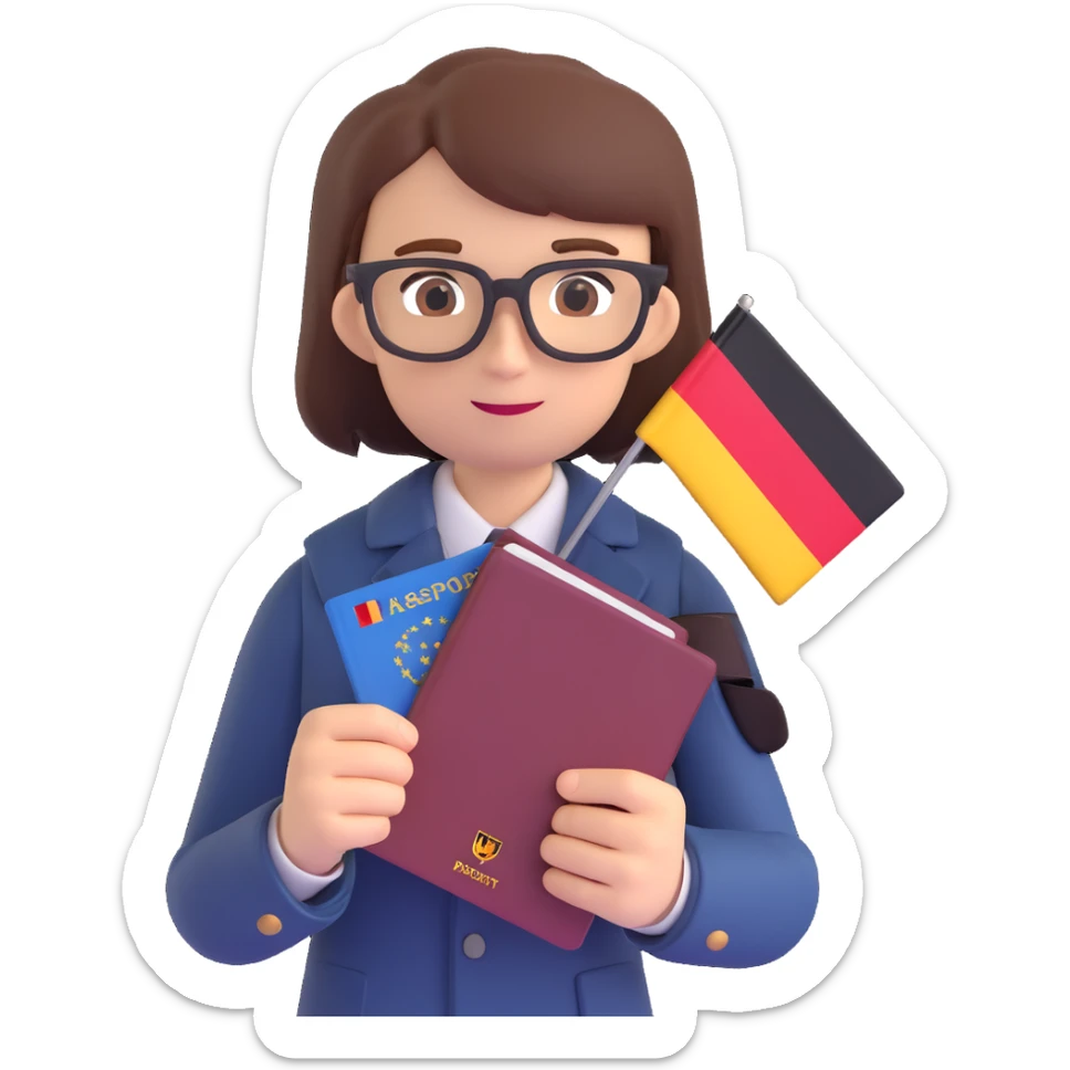 official-looking person with a passport and German flag, trustworthy and modern, 3D app icon sticker