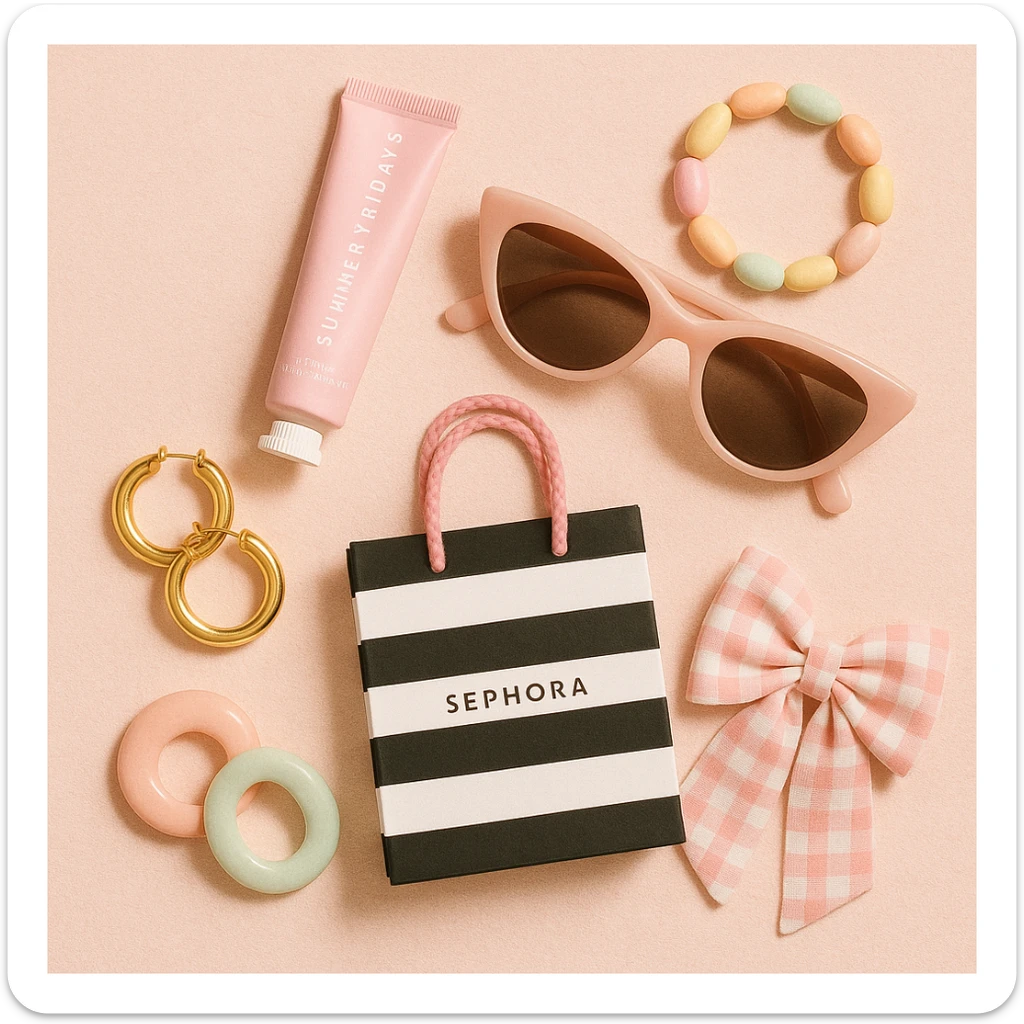 Girly, preppy flat lay: pink Summer Fridays lip balm, Sephora bag, sunglasses, and pastel accessories, all in a soft, summery color palette sticker