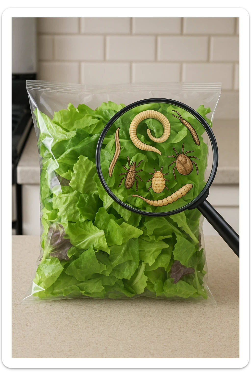 Insalata in busta ricca di pa transparent plastic bag of pre-washed salad sits on a kitchen counter. Through the bag, small, detailed images of various parasites (such as worms, larvae, or microscopic bugs) are visible among the lettuce leaves. A magnifying glass hovers over the bag, enlarging the parasites for emphasis. The mood is cautionary and educational.arassiti sticker
