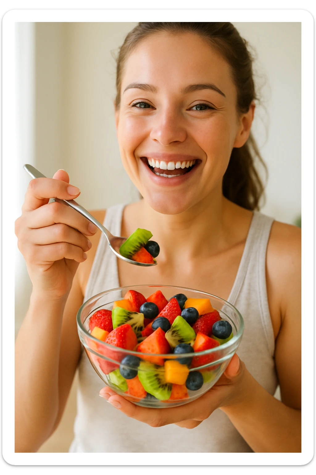 A cheerful person holding a glass bowl of colorful fruit salad with vibrant pieces of strawberries, kiwis, and blueberries visible. The person is wearing a casual, light-colored tank top and has a friendly, bright smile as they prepare to take a bite with a spoon. The overall composition focuses on health and enjoyment. sticker