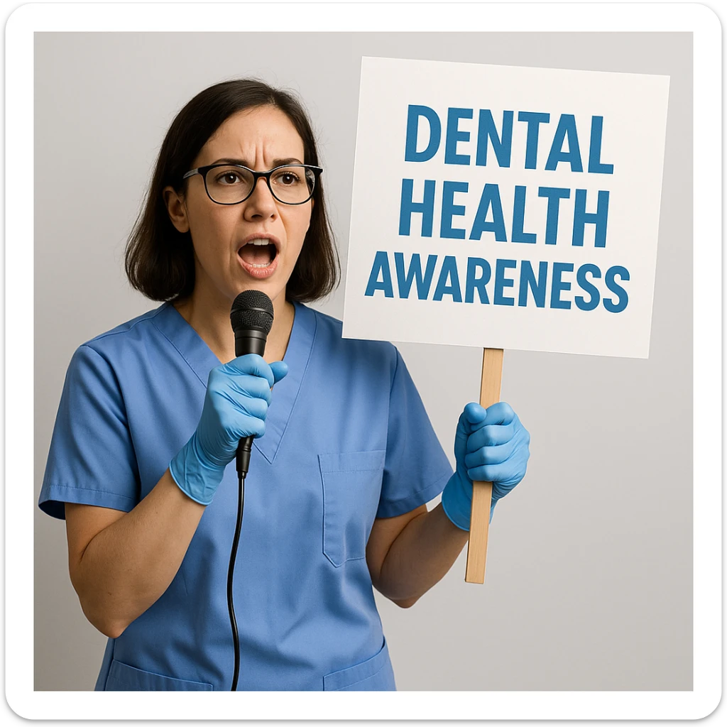 dental hygienist as an advocate, speaking or holding a sign about dental health awareness sticker
