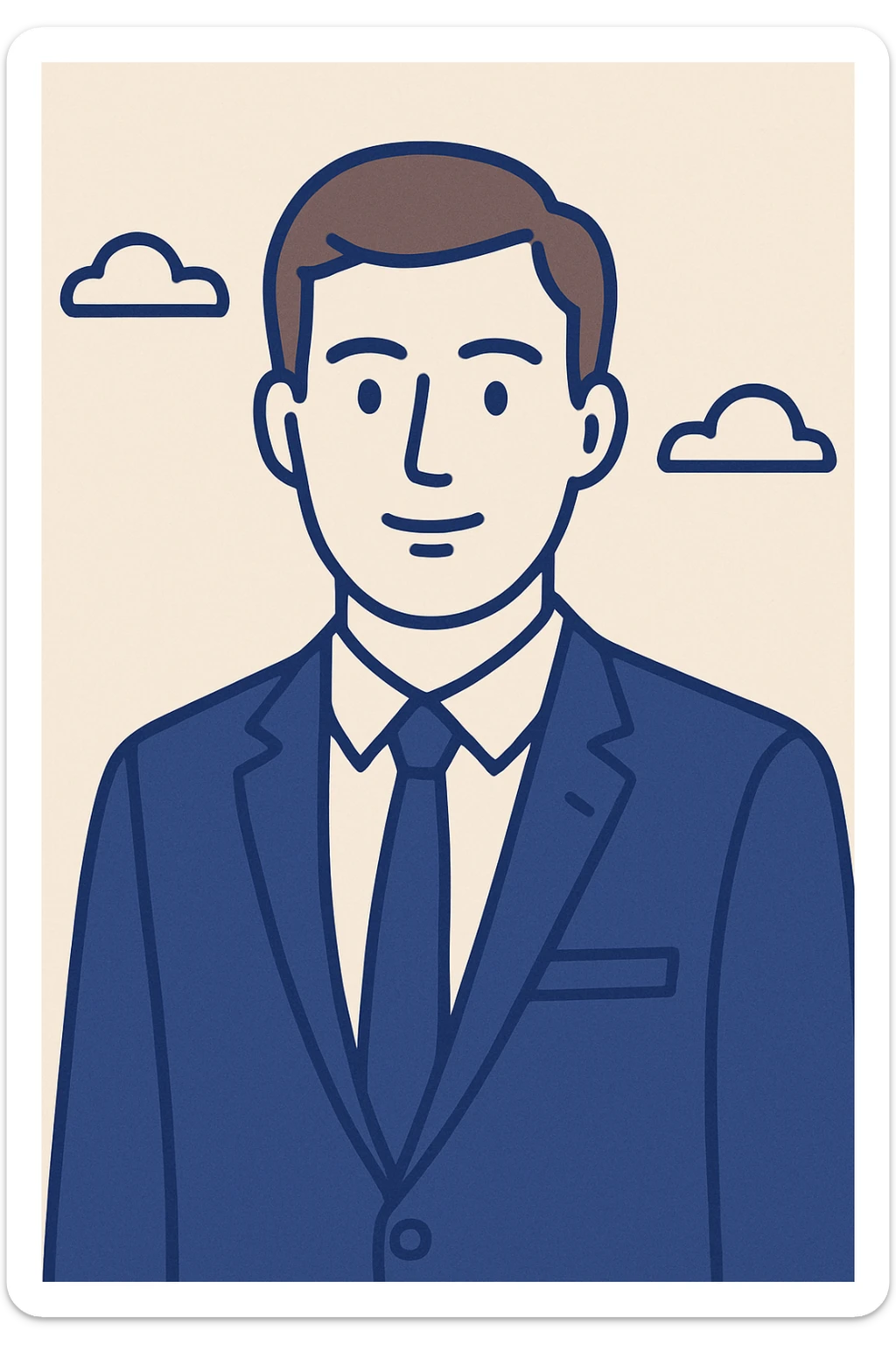 professional looking white pale man with brown hair, in a suit and tie, clean and modern illustration style sticker