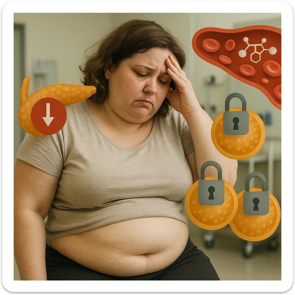 Realistic late 30s overweight woman with localized fat on abdomen and face, in a clinical environment. Expression of fatigue and frustration. Around: stylized pancreas with low insulin symbol, glucose in the blood, cells with closed padlocks. Realistic and symbolic style. sticker