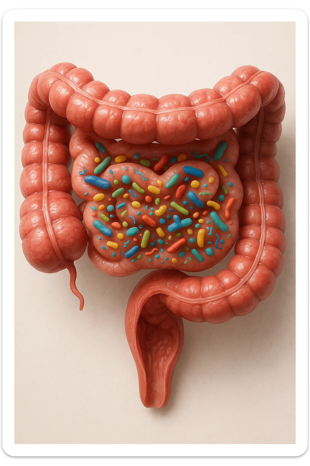 intestino umano anatomico in salute con batteri intestinali, sfondo chiaro neutro, IPERREALISTICA 4K sticker