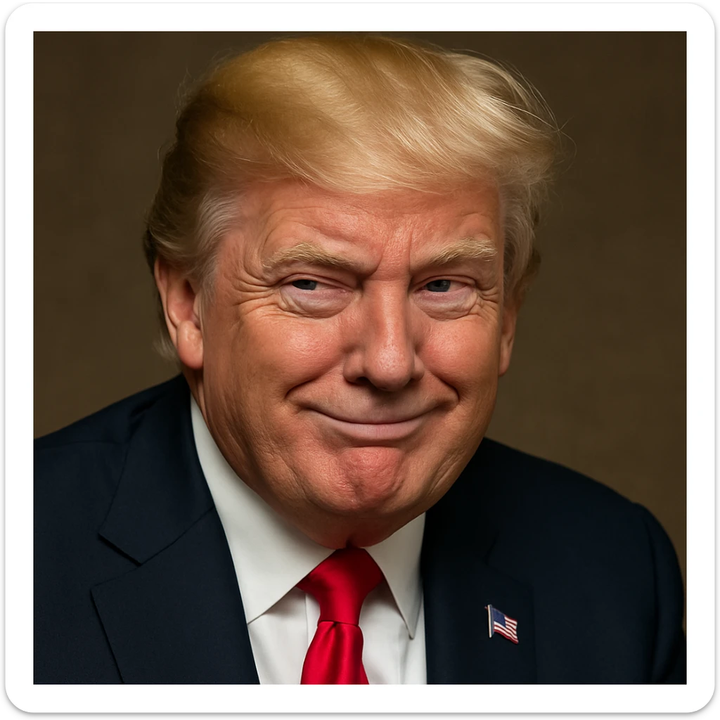 Enhance photorealism and vividness even further, keeping the very sly, cunning expression on Donald Trump's face, plain background, and a polished, high-quality finish in photorealistic style. sticker
