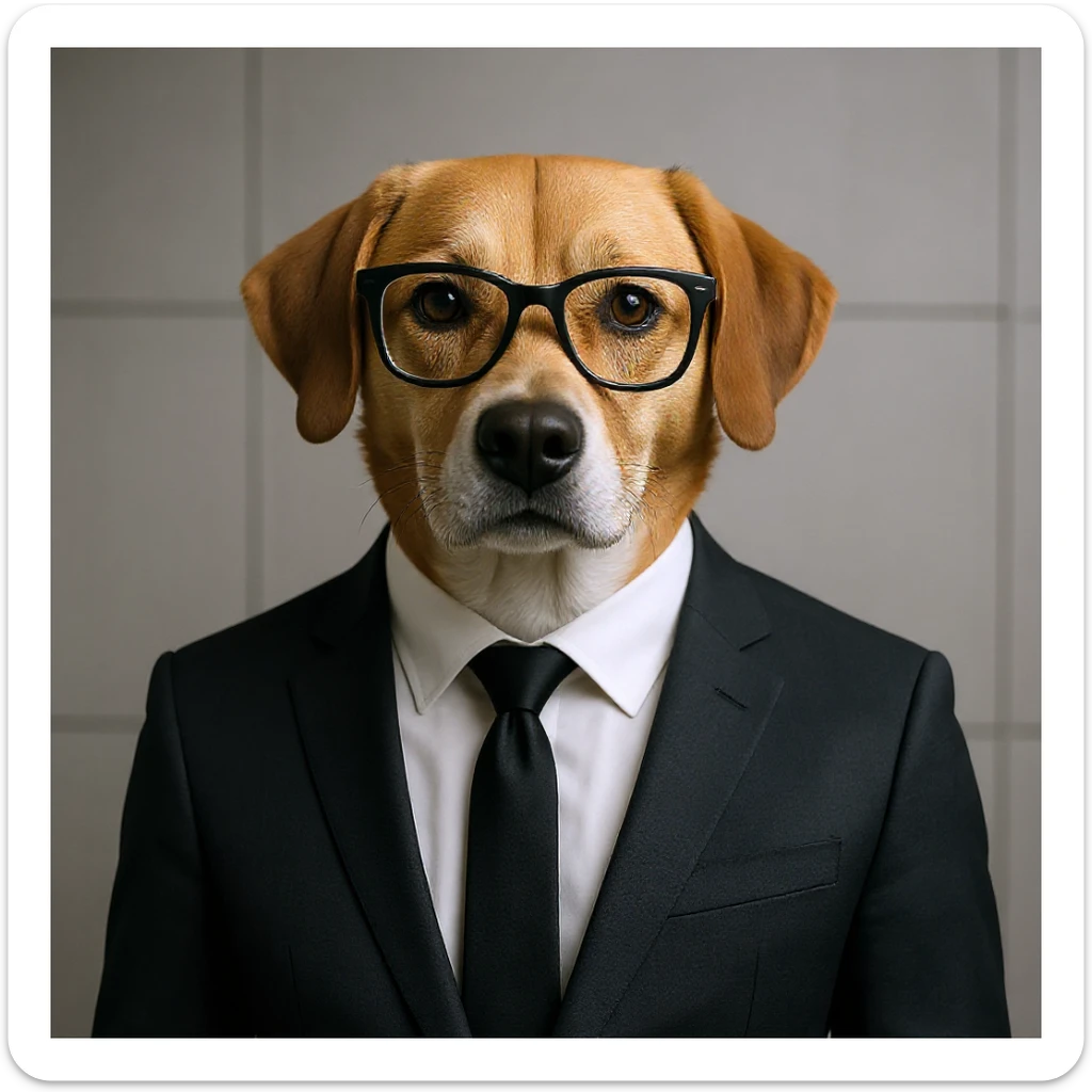 Add glasses to the dog in a suit, modern, clean, professional style, keep background as is. sticker