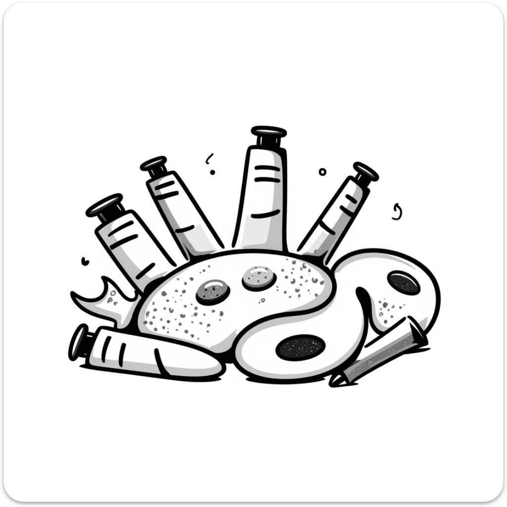 A set of artist's paints with tubes and a watercolor palette in pastel colors (dd9fb0, ffc6d3, a3bfc9, c4bee2, f1b091), hand-drawn doodle style sticker