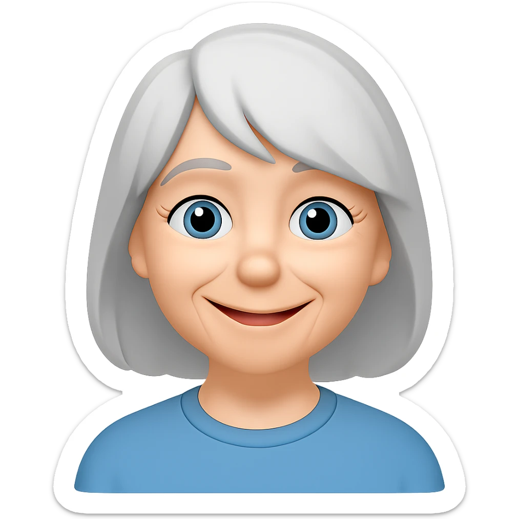 Make the older woman have a wider and tender smile, in the style of Apple Memoji with flat colors and soft edges, no background. sticker