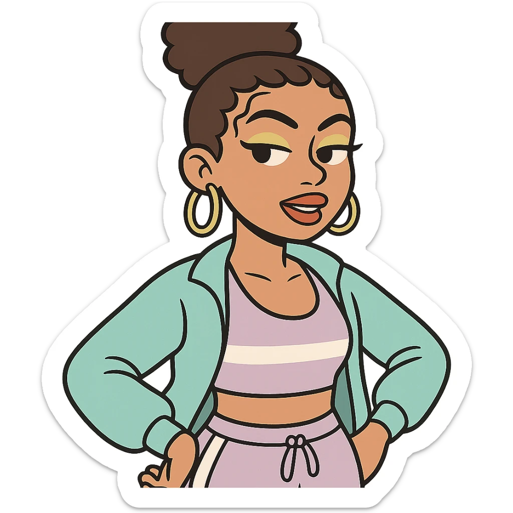 curly hair, light brown skin, baby hairs, highlighter makeup, Y2K and sportlife style sticker