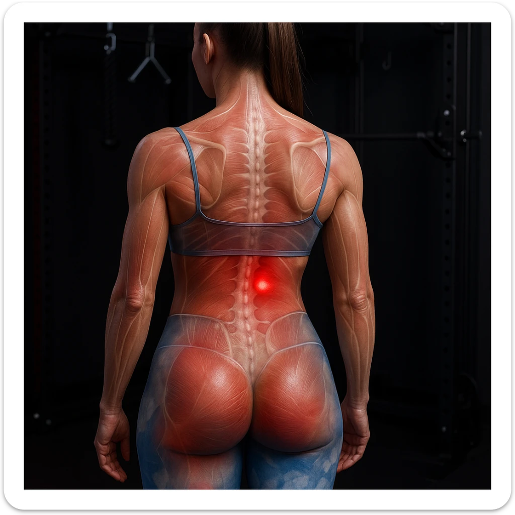 Anatomical hyperrealistic 4K image of a woman seen from the back as in the reference, highlighting a muscle contracture as a clearly visible knot on the left side of the back at the lumbar or dorsal muscles (not on the shoulders), with translucent muscles and skin to show the contracture, red halo or swollen area, gym environment. sticker