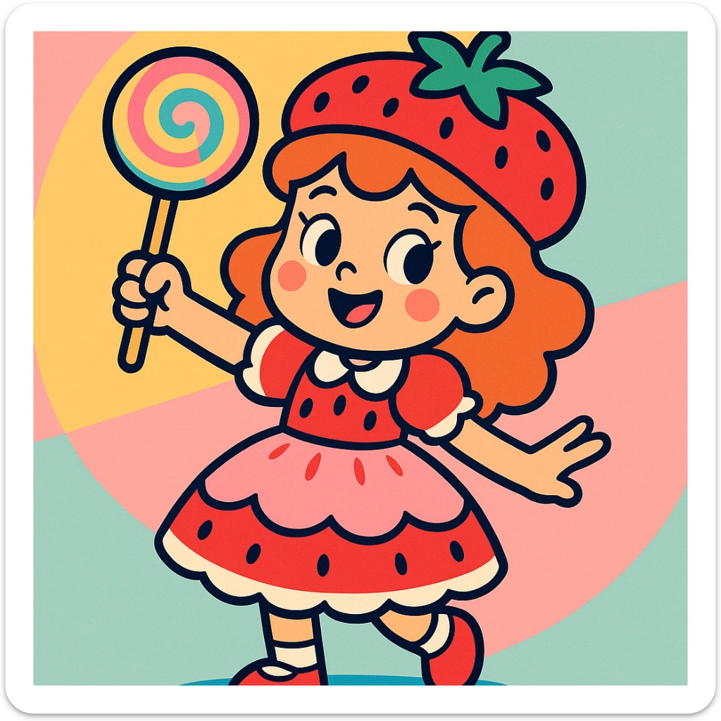 little girl in a strawberry shortcake dress, holding a candy wand, pastel background, vibrant toon style sticker