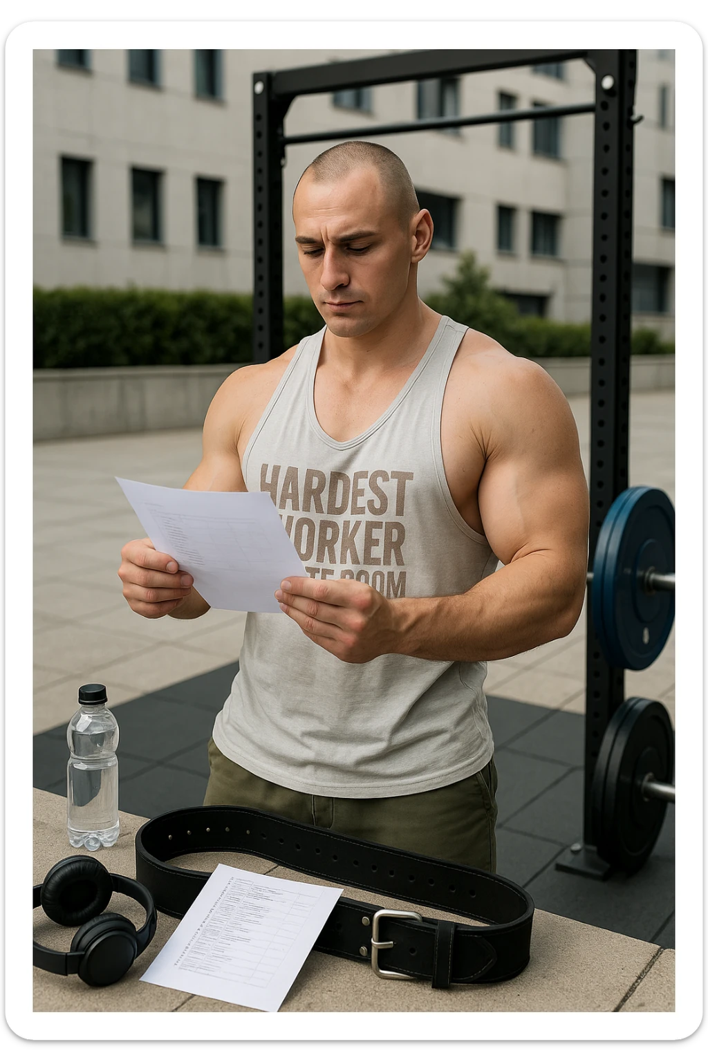 un uomo prepara con cura il suo set di pesi e la cintura per streetlifting, controllando una lista di esercizi e ripetizioni scritta su un foglio. Accanto a lui, una borraccia e delle cuffie. L’espressione è serena e sicura, a sottolineare l’importanza della programmazione per un allenamento efficace. Lo sfondo è un’area fitness urbana, pulita e ben attrezzata. sticker
