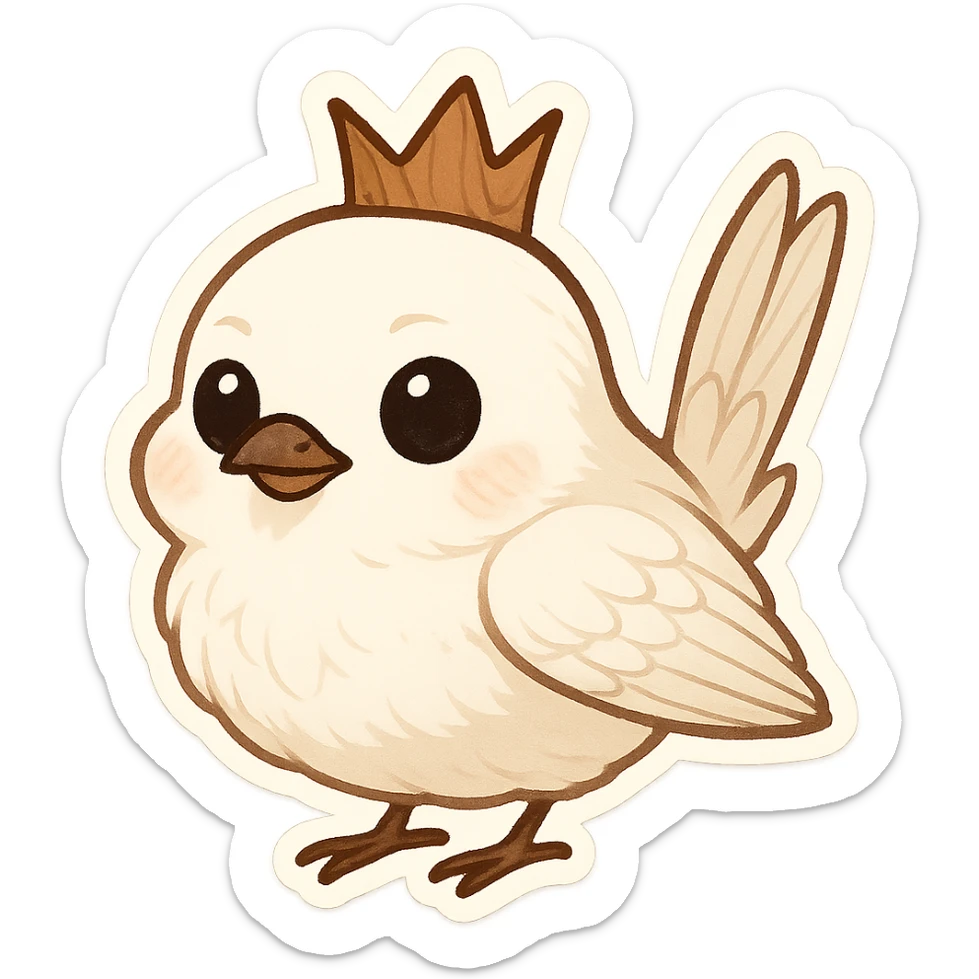 small elegant wren bird with alabaster-white feathers and wooden crown, storybook style, emoji style sticker