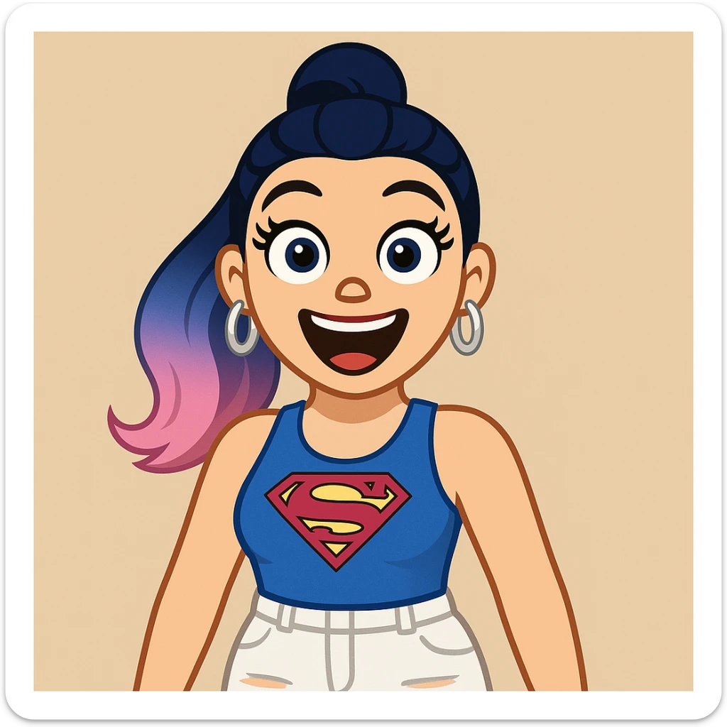 Create a girl character in emoji style with the same face and outfit as the reference image. Change the hair to a high ponytail dark blue ombre, blue eyes, very excited expression, thick black eyeliner, thick long eyelashes, light pink lips, large upper body visible, wearing white ripped cargo pants. sticker