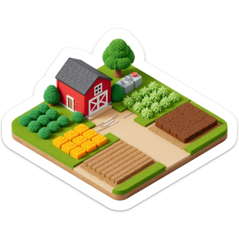 Exterior of a large cartoon-style farm with a red barn in the background, multiple crop fields, visible irrigation pipes and steam vents sticker