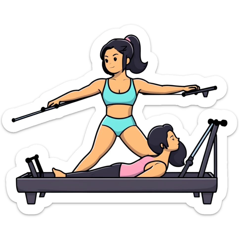 woman with bra, tanned long black hair, doing Pilates reformer sticker