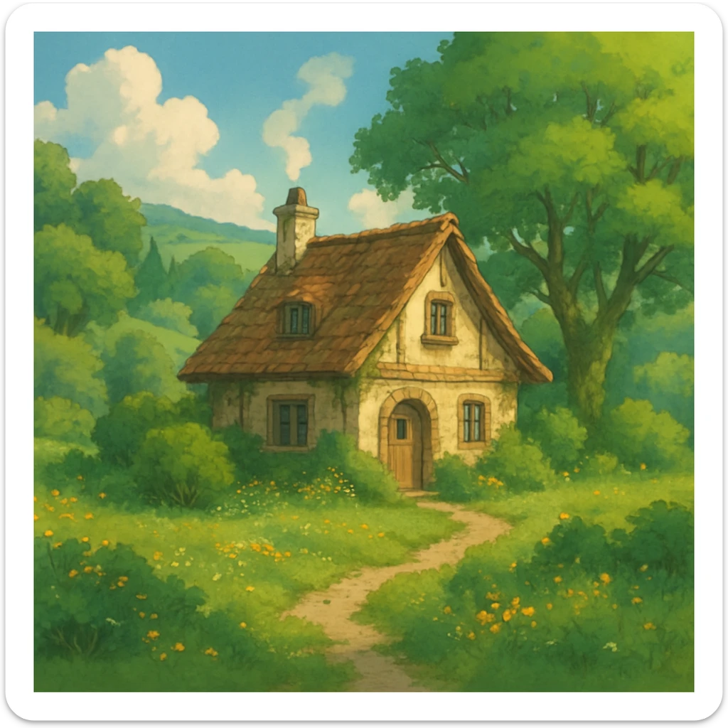 cozy cottage in a lush landscape with gentle lighting in ghibli style sticker