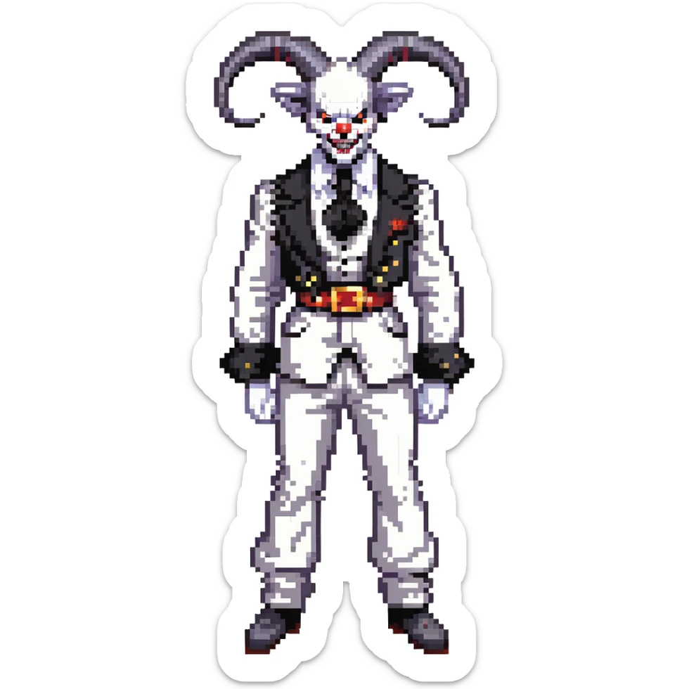 full-body demonic clown in black and white leisure suit with bellbottom pants, bald, black ram horns, flashy black and white belt, ruffled white shirt, no neck tie, large fangs sticker