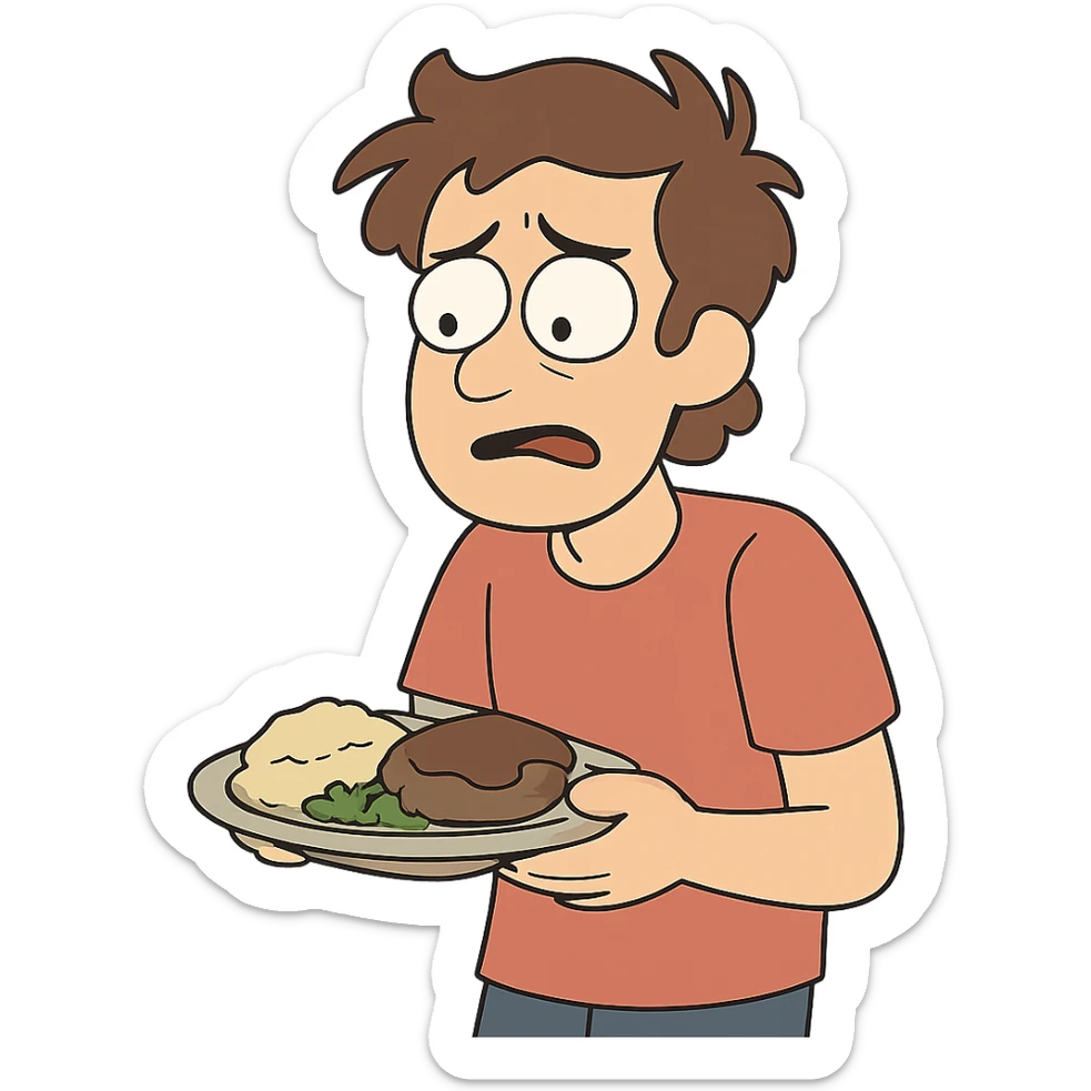 cartoon-style person holding a plate of food, looking uncertain, expressive face, clear body language sticker